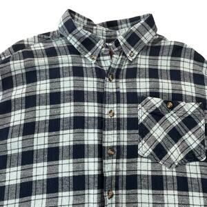Ranch Tough Flannel Button Down Shirt Men's L Blue Plaid Long Tail 100% Cotton